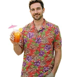 Tommy Bahama Mens XL Red Floral Hibiscus Palm Leaf Short Sleeve Button Up Shirt
